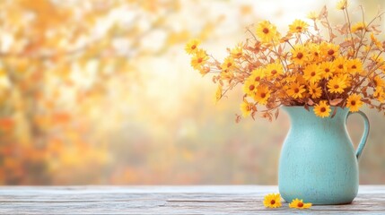 Colorful bouquet of yellow flowers in a blue jug on a wooden table
