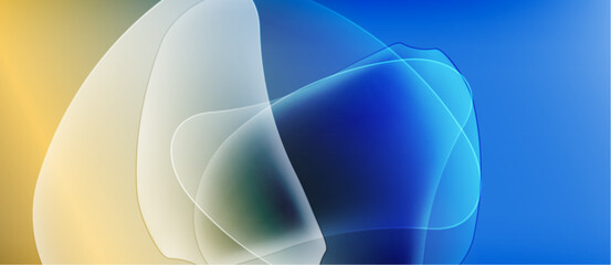 Abstract fluid shapes blend, creating soft gradients. Yellow, white, blue hues dominate composition. Smooth transitions suggest movement, depth.