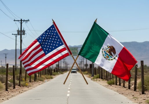 USA and Mexico Flags Crossed on a Desert Road US-Mexico Border, Travel, Friendship, Culture.