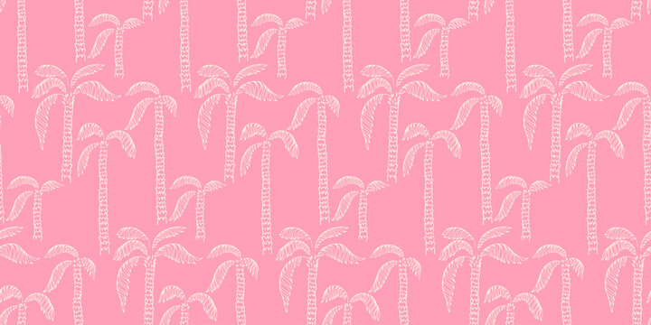 Fototapeta Seamless vector pattern of hand drawn palm trees with textured trunks and curved leaves on a pastel pink background. Tropical, minimalist, and elegant, ornament for fashion, textiles, wallpapers