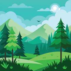 Fototapeta premium Beautiful Landscape Featuring Green Summer Forest Clearing with Sunlight Rays