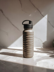 Stylish reusable water bottle resting on a marble surface with natural light casting a shadow in a modern kitchen setting