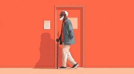 Elderly Man Walking with Cane in Front of Bright Orange Wall