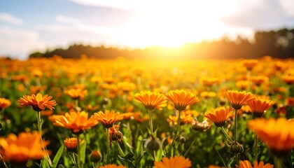 Fototapeta premium Orange flowers field at sunset