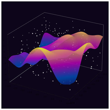 Futuristic 3D graph with a colorful gradient mesh surface and scatter plot, illustrating data analysis or a simulation.