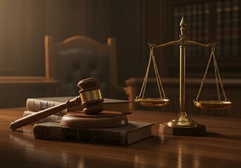 Law Office Interior Gavel, Scales of Justice, Books, Courtroom Desk - Legal Concepts, Justice, Lawsuit.