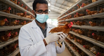 Asian man holding chicken in research laboratory. Veterinarian examining poultry. Animal health and agriculture farm.