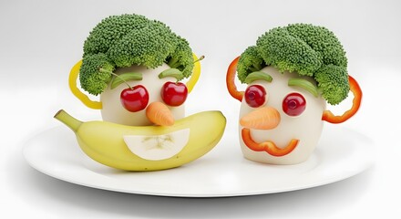 Two vegetable characters with broccoli hair, cherry eyes, and carrot noses sit on a plate with a banana.