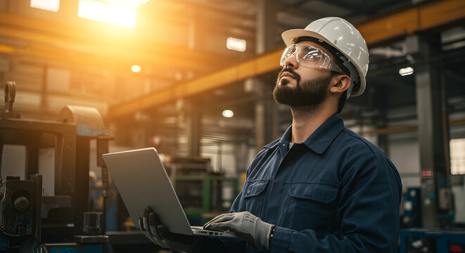 Skilled engineer in a hard hat using a laptop to oversee production in a sunlit factory.