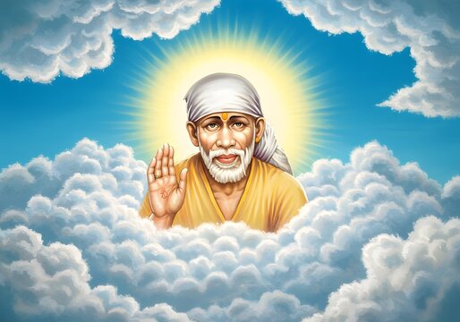 Digital painting of Sai Baba, Hindu Spiritual Guru, surrounded by clouds, blue sky, religious icon.