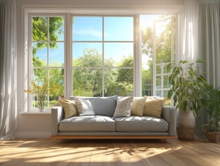 Fototapeta premium Sunny living room with garden view