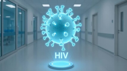 HIV virus hologram floating in medical hospital corridor with glowing blue 3D model showcasing futuristic health technology and advanced medical research in healthcare settings - Powered by Adobe