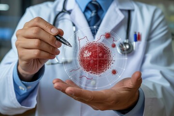 Doctor in white coat with stethoscope uses pen to draw a 3d model of a virus or bacteria in the air