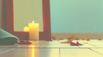 Relaxing atmosphere with candles and autumn leaves on wooden floor