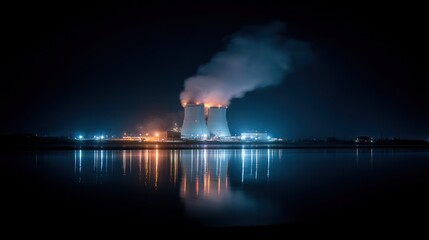 Fototapeta premium Night view of a nuclear power plant by a body of water