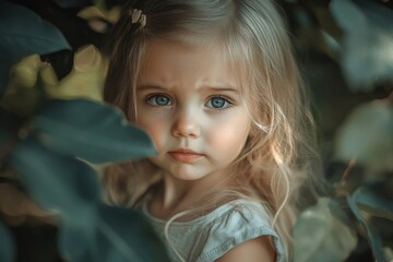 Portrait of small girl in a garden outdoors, crying. The image captures a moment of vulnerability in childhood, emphasizing the emotional range of young children, Generative AI