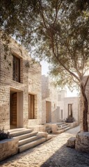 Fototapeta premium Light-filled alleyway between beige stone buildings. Sunlight streams through trees