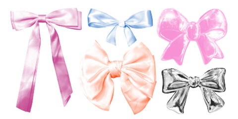 Halftone collage with set ribbon bows elements. Trendy vector pieces. Grungy punk aesthetic perfect for zines, posters, DIY flyers, tattoo, graphics, cards, stickers