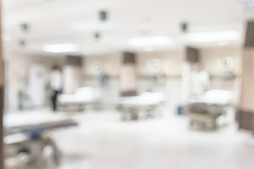 ER blur background, emergency room department or ICU intensive care unit in hospital with blurry medical staffs, nurses and patient’s stretcher beds for health care service