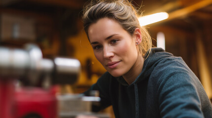 Young woman working on metal parts in a rustic workshop