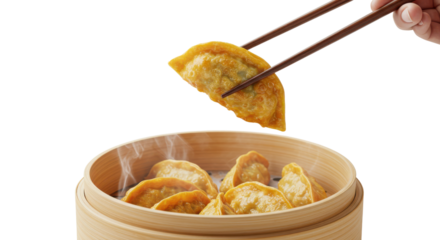 Hand holding fried gyoza dumpling with chopsticks over a steaming bamboo basket isolated PNG with Transparent Background