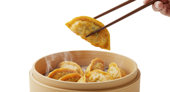 Hand holding fried gyoza dumpling with chopsticks over a steaming bamboo basket isolated PNG with Transparent Background