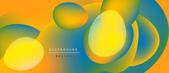 Abstract fluid shapes overlap, creating vibrant color gradients. Orange, yellow, blue hues blend seamlessly. Modern design element.