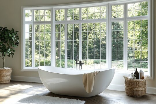 Illustration of a modern bathroom with large French windows, created with advanced technology to reflect contemporary design trends, Generative AI - Powered by Adobe