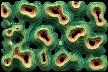 Obraz premium Abstract layered shapes in shades of green and orange on a black background