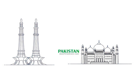 Fototapeta premium Pakistan Independence Day Artwork Featuring National Flag, Minar-e-Pakistan, and Badshahi Mosque – Celebrating Heritage and Sovereignty