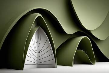 Abstract architectural design, olive green, curved shapes