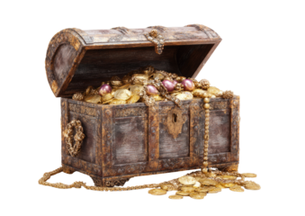 An open antique wooden chest overflowing with gold coins, jewels, and beads