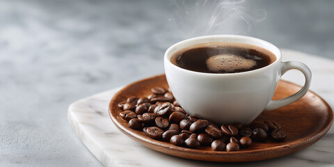 Fototapeta premium Close-up of a white espresso coffee cup with smoke above a wooden plate with roasted coffee beans on a white marble table with copy space. Generative Ai.