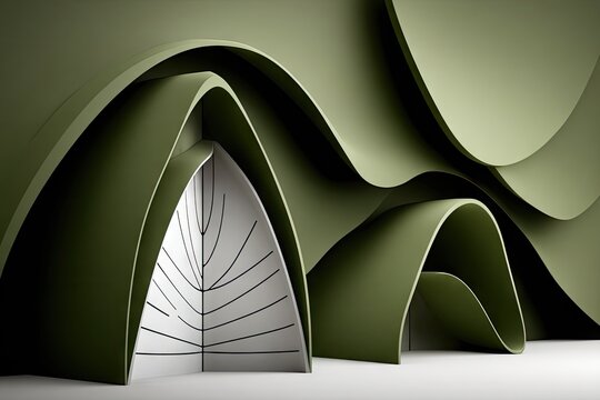 Abstract architectural design, olive green, curved shapes
