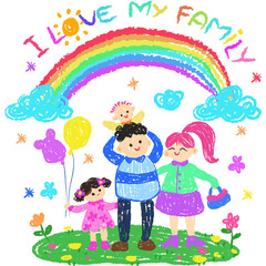 Hand drawn picture of a really happy family