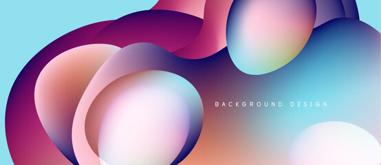 Abstract fluid shapes overlap, creating vibrant color gradients. Soft blues blend into pinks, purples, oranges. Modern design element.