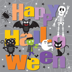 Happy Halloween Greeting Card With Spooky Characters