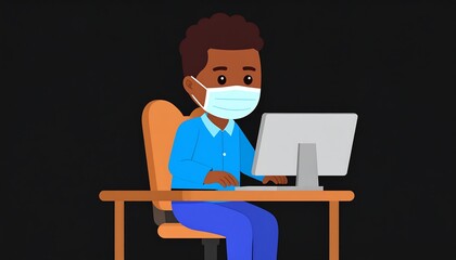 Child working on computer wearing a mask