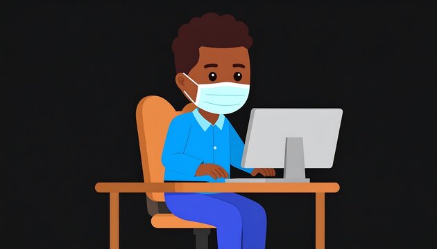 Child working on computer wearing a mask