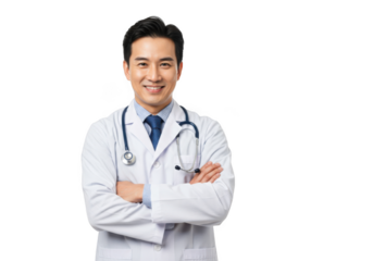 Smiling asian male doctor wearing white lab coat and stethoscope with arms crossed isolated on transparent background