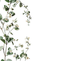 Delicate, muted greenery and small white flowers in a circular border against a black background