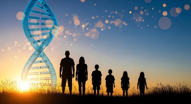 Generations united by DNA, a family silhouette stands against a sunset with a glowing helix symbolizing heritage and future.