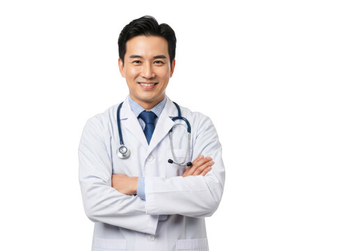 Smiling asian male doctor wearing white lab coat and stethoscope with arms crossed isolated on transparent background