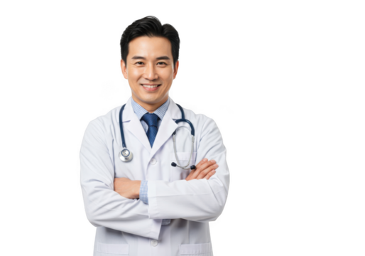 Smiling asian male doctor wearing white lab coat and stethoscope with arms crossed isolated on transparent background