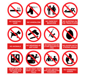 Comprehensive set of prohibition signs for public transport and spaces