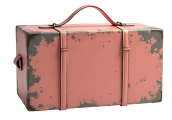 Aged red metal box, showing character, with sturdy handle and secure straps