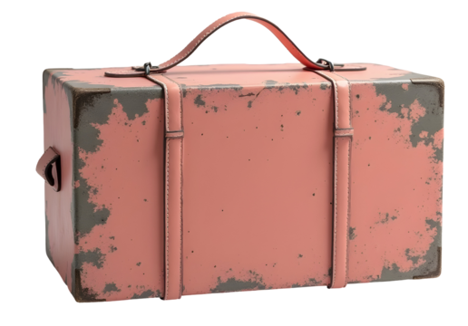 Aged red metal box, showing character, with sturdy handle and secure straps