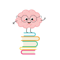 Funny nerdy cartoon brain character standing on books