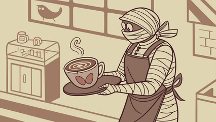 A mummy barista serves a steaming cup of coffee with a heart design ready to delight customers in a cozy cafe setting