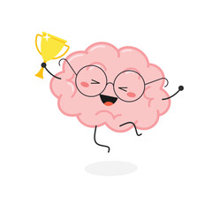 Happy nerdy brain cartoon character with winner cup